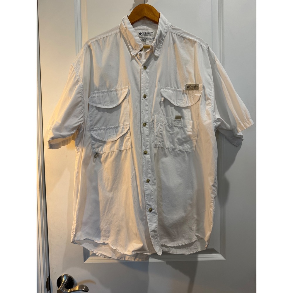 Columbia PFG Bonehead White Short Sleeve Fishing Shirt Mens L FM7130 Vintage